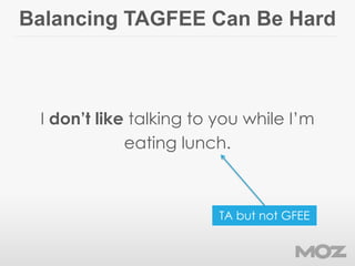 Balancing TAGFEE Can Be Hard
I don’t like talking to you while I’m
eating lunch.
TA but not GFEE
 